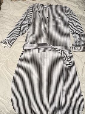 Chico's Black & White Vertical-Stripe Midi Shirt Dress